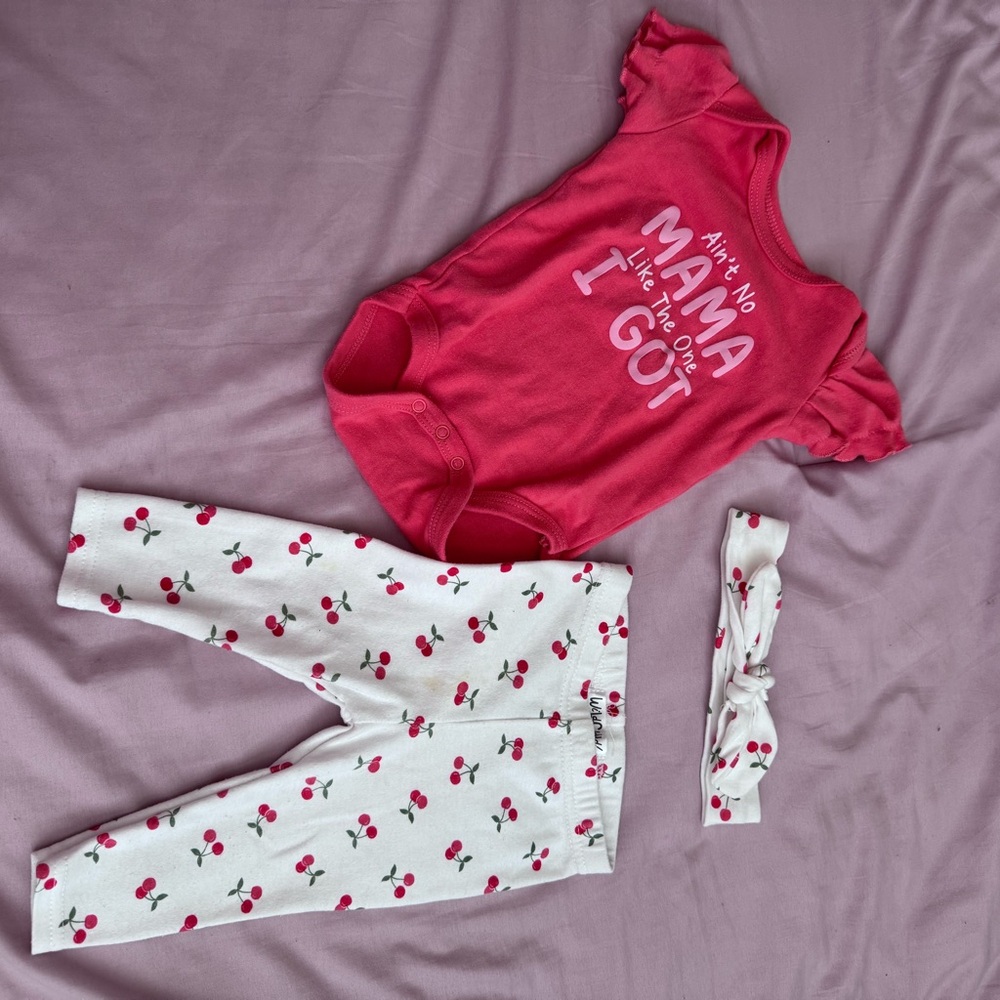 Pink Baby Bodysuit and Cherry Leggings Set
